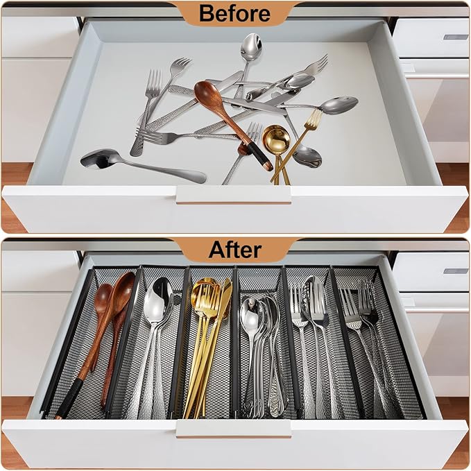 Chumia 16 Pack Silverware Drawer Organizer 9 x 3 x 2 Inch Mesh Utensil Organizer for Kitchen Drawers with Interlocking Arm for Flatware Knives Spoons Fork Cosmetic Utensil Tabletop Storage Tray