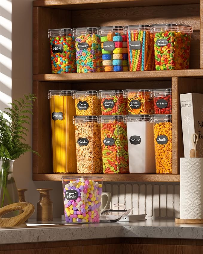 15 Pack Airtight Food Storage Containers with Lids, Kitchen Pantry Organizers and Storage, BPA-Free Plastic Food Canisters for Cereal, Flour, Sugar, Pasta, Dry Food, Include Labels & Marker