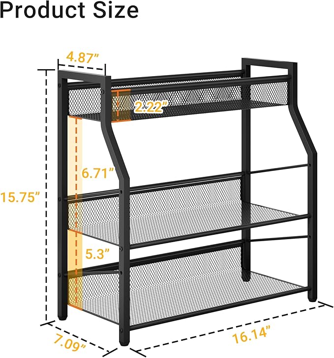 Dunatou 3 Tier Spice Rack, Kitchen Storage Organizer Shelf for Countertop, Metal Seasoning Storage Shelf with Guardrail and Mesh Design for Kitchen, Countertop, Dining Room, Black