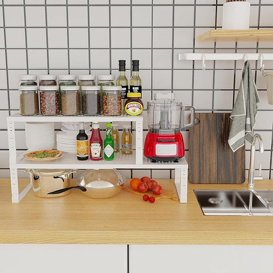 Expandable Cabinet Shelf Organizer Storage Spice Rack Shelves for Kitchen Stackable Adjustable Pantry Cupboard Bathroom Countertop Desktop(2Packs/White/Medium-with Hole)
