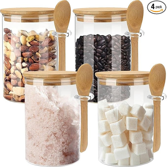Glass Sugar Container with Spoon - 4 Pack 15oz Glass Jars with Bamboo Lid and Spoon, Bamboo Lid Storage Jar Containers for Coffee Beans, Spice, Brown Sugar, Tea, Flour, Nuts, Candy, Salts and More