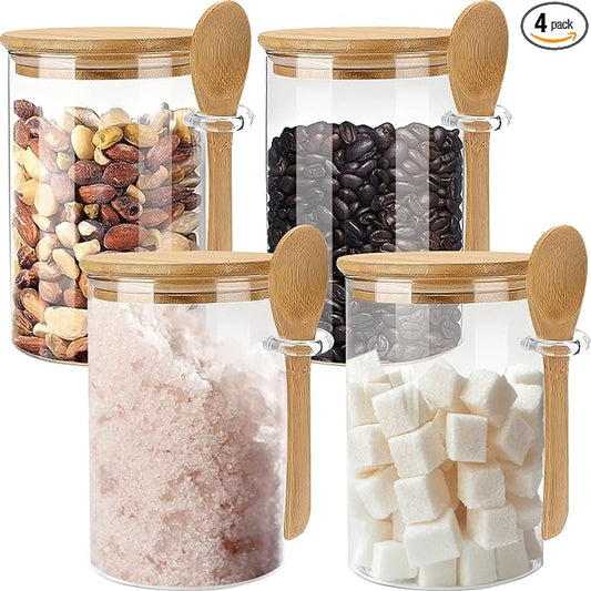 Glass Sugar Container with Spoon - 4 Pack 15oz Glass Jars with Bamboo Lid and Spoon, Bamboo Lid Storage Jar Containers for Coffee Beans, Spice, Brown Sugar, Tea, Flour, Nuts, Candy, Salts and More