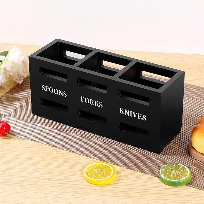 Silverware Caddy, Wood Utensil Caddy with 3 Compartments, Large Capacity Silverware Holder, Multipurpose Utensil Holder, Flatware Caddy, Stylish Cutlery Holder for Forks Spoons Cutters (Black)