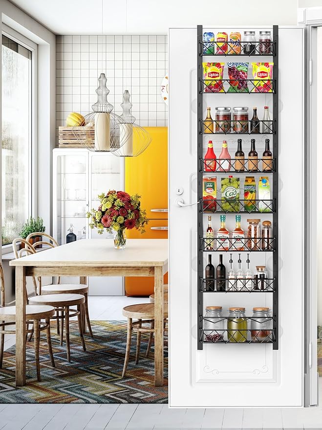 Over the Door Pantry Organizer, 8 Tier Pantry Organizers and Storage Metal Hanging Spice Rack for Kitchen Behind the Door Storage with Basket