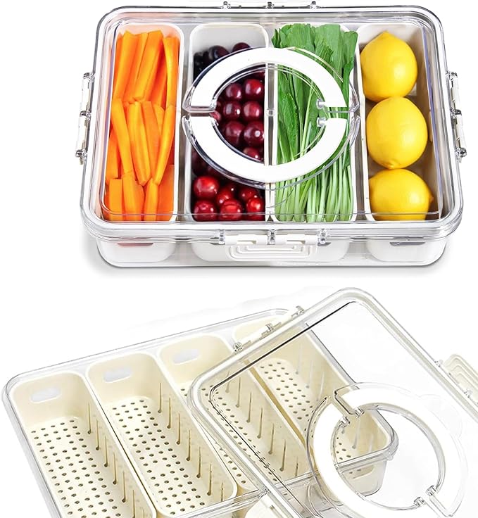 [Dishwasher Safe] Snackle Box Container, Salad Bar Drawer, Fridge/Refrigerator Storage & Organizer for Vegetable, Fruit, Berry, Veggie Prep Tray with Lid & Strainer, Fresh Produce Keeper (4 Colander)
