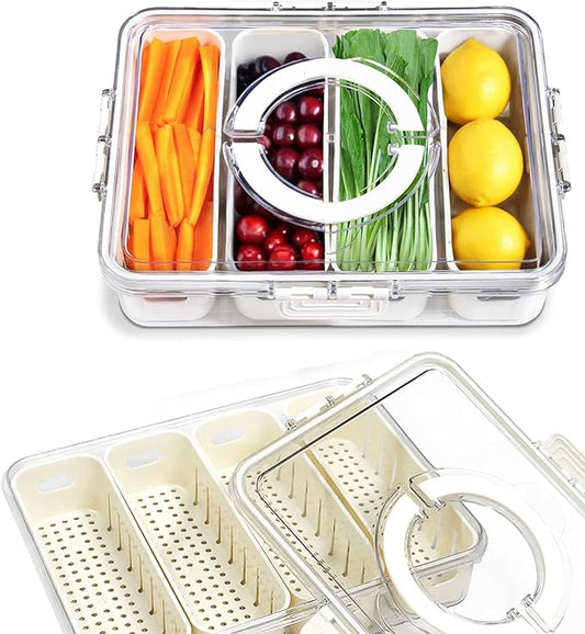 [Dishwasher Safe] Snackle Box Container, Salad Bar Drawer, Fridge/Refrigerator Storage & Organizer for Vegetable, Fruit, Berry, Veggie Prep Tray with Lid & Strainer, Fresh Produce Keeper (4 Colander)
