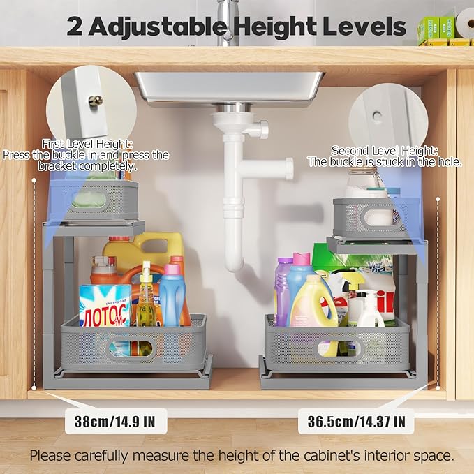1 Pack-14.4"-14.9"IN Under Sink Organizers And Storage Height Adjustable,Mesh Under Cabinet Organizer For Kitchen,Bathroom-Gun Gray