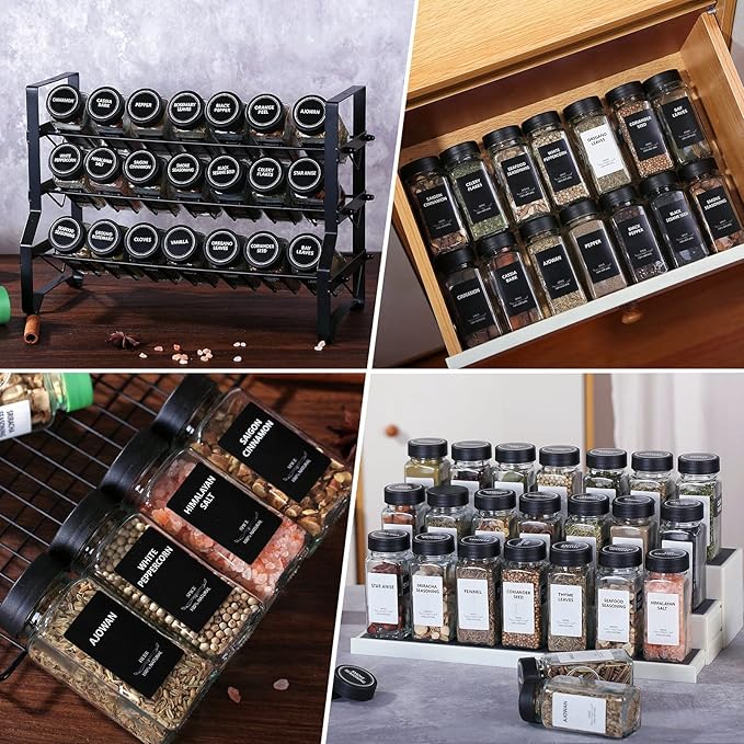 24Pcs Spice Jars Containers with Labels，4oz Black Seasoning Bottles with Shaker Lids for Rack, Cabinet, Drawer,Empty Square Condiment Pots (24, Black)