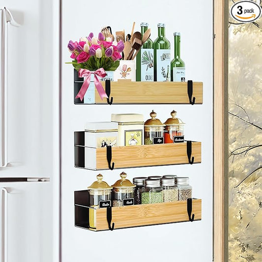 4 | 3 Pack Magnetic Spice Storage Rack Organizer for Refrigerator and Oven, Black Fridge Storage, Magnetic Shelf, Spice Rack Organizer, Metal-Bamboo