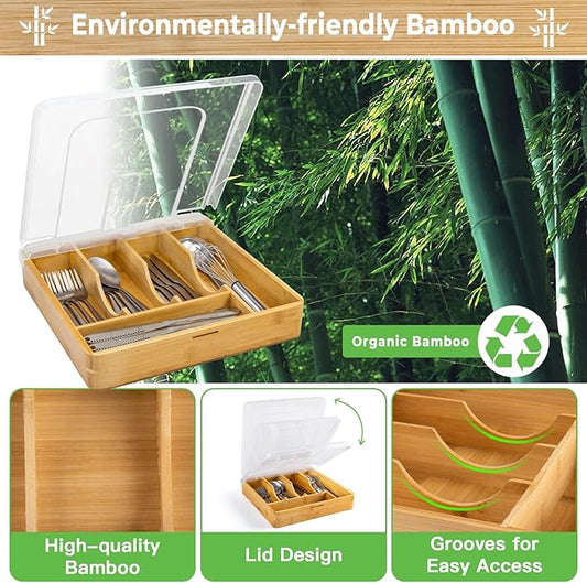 Bamboo Silverware Organizer,Wooden Silverware Tray for Drawer, Utensil Drawer Organizer in Kitchen for Spoons Forks Knives, Multipurpose Use, Eco-Friendly, Large