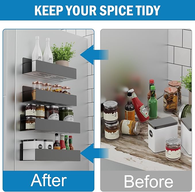 Magnetic Spice Rack for Refrigerator, 2 Pack Moveable Fridge Magnetic Spice Racks, Strong Metal Magnetic Shelves for Refrigerator and Microwave Oven, Black