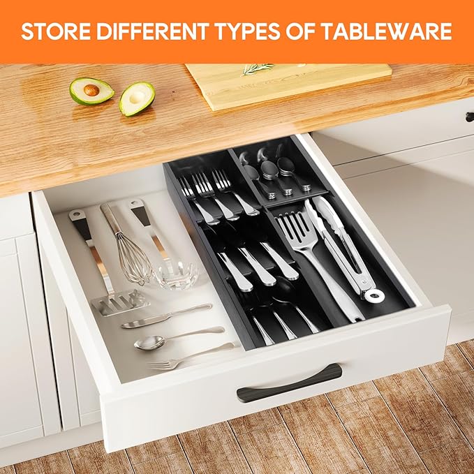 Bamboo Silverware Drawer Organizer, Removable Dividers Kitchen Utensil Drawer Organizer for Different Dimension Flatware, Spoons, Forks, Knives (Black, 5 Slots)