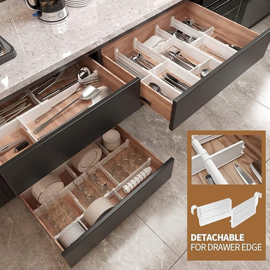 HiYZ Expandable Drawer Dividers with Inserts, Large Kitchen Utensils Drawers Divider, 2.36" High Adjustable Drawer Organizers Separators for Clothing,Kitchen Utensils,Tools,12 Dividers with 24 Inserts