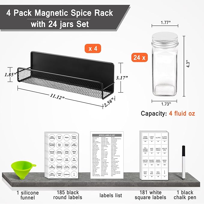 Churboro Magnetic Spice Rack for Refrigerator with Spice Jars- Includes 24 Pcs 4 OZ Seasoning Containers with Labels, 4 Space-Saving Magnetic Shelf for fridge- Perfect for Small Kitchens, Apartments