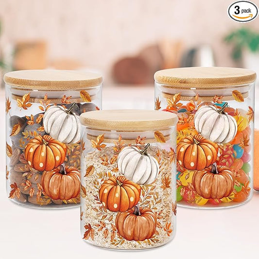 3Pcs Fall Thanksgiving Glass Storage Jars with Airtight Bamboo Lids 17oz Autumn Leaves Pumpkins Clear Food Storage Canisters for Home Kitchen Countertop Decoration