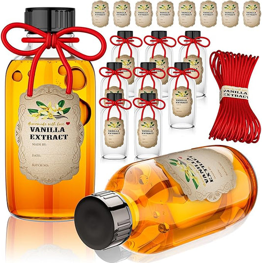 2 oz Clear Glass Bottle Boston Round Bottles with Caps Homemade Vanilla Extract Bottles and 8 Pcs Vanilla Extract Stickers for Syrup Gift Glass Food Storage Canister Set Sauce Beans (8 Packs)