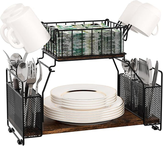 TQVAI Paper Plate Organizer, 2-Tier Countertop Silverware Utensils Napkin Holder for Party, Outdoor Buffet Picnic Caddy Camping Essentials Holder for Plates and Utensils, Black/Antique