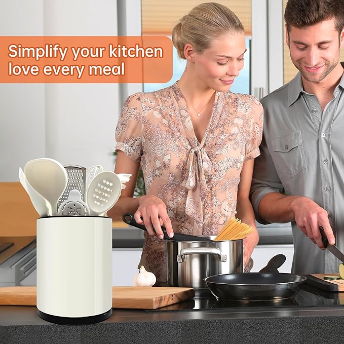 Stainless 360° Rotating Kitchen Utensil Holder,Large Counter Utensil Caddy, Cooking Spoon Stand Spatula Cutlery Metal Utensil Canister Tool Silverware Holder Rack For Countertop (Off-white)