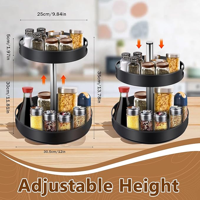 Spice Rack Lazy Susan Organizer, 2 Tier Height Adjustable Rotating Lazy Turntable Organization for Cabinet Kitchen Table Pantry Countertop Refrigerator Cupboard Storage(Black, 12 inch)