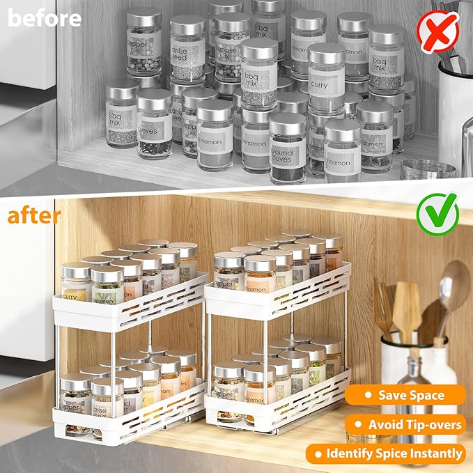 2-Pack Pull-Out Spice Rack Organizer for Cabinet, Slide-Out Rack, Easy to Install, 4.4"W x 10.5"D x 8"H, Holds 10 Spice Jars Each - 2 Tier, White