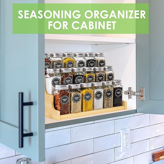 Bamboo Spice Rack Organizer for Cabinet, 3 Tier Wood Spice Shelf Organizer with 18 Spice Jars with Label Pack Included for Spice organization for cabinet Kitchen Countertop (Bamboo)