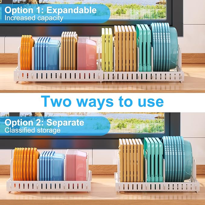 X-cosrack Expandable Food Container Lid Organizer,Large Capacity Adjustable 10 Dividers Detachable Lid Organizer Rack for Cabinets, Cupboards, Pantry Shelves, Drawers to Keep Kitchen Tidy,White