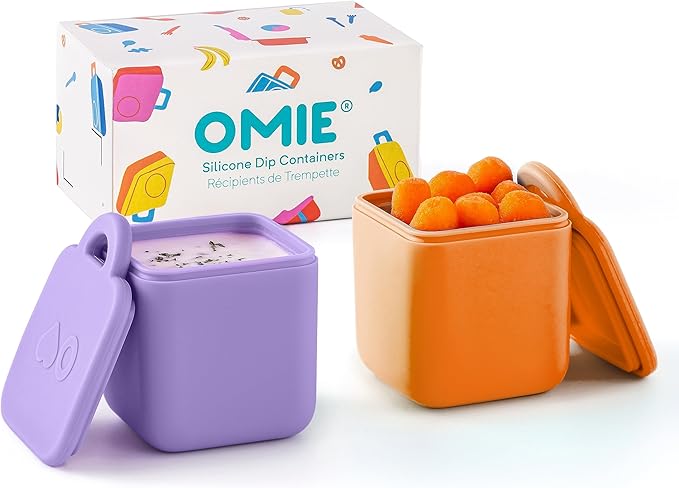 OmieBox (2 pack) Leakproof Dips Containers To Go, Salad Dressing Container, Condiment Container with Lids - Food Safe Silicone - 4 ounces (Purple/Orange)