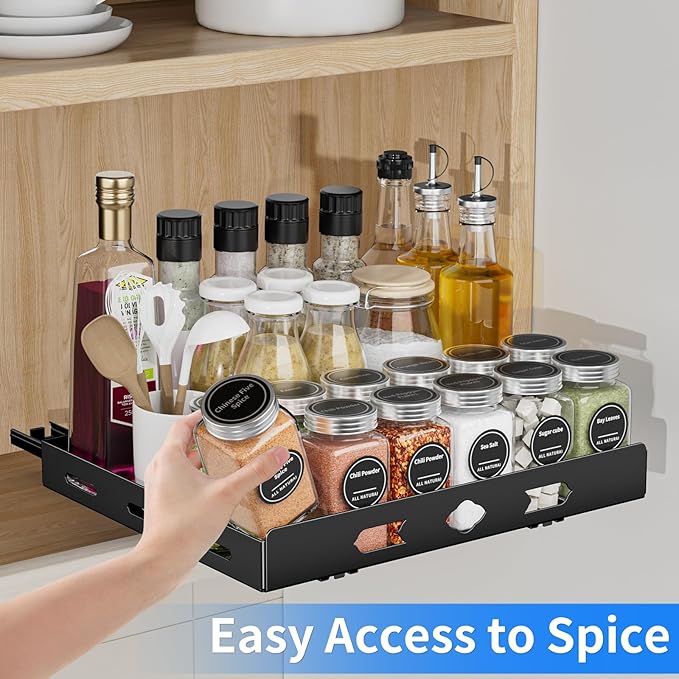 Metal Black Pull Out Spice Rack Organizer, Heavy Duty-Slide Out, Vertical Spice Rack for Kitchen Cabinet and Pantry (12.6''Wx10.5''Dx2.8''H)
