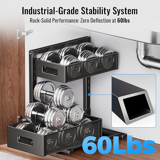 Under Sink Organizer, 2-Tier Metal Under Sink Organizers and Storage, Slide Out Pull Out Cabinet Organizer for Kitchen, Bathroom, Pantry, Laundry, Study, Black