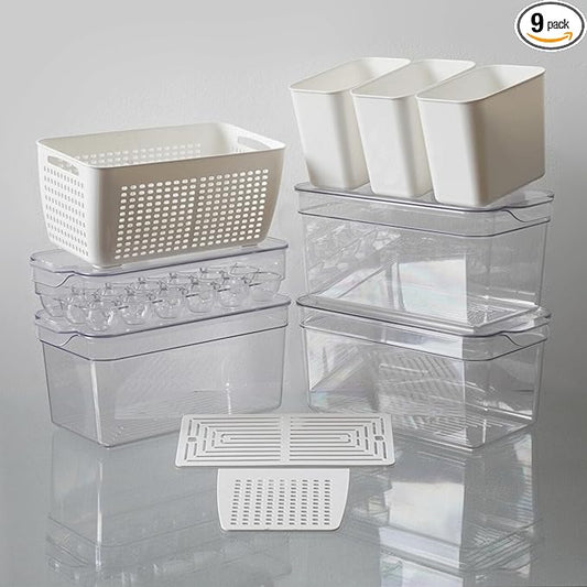 Clear Stackable Storage Containers with Lids BPA-Free Organizer Bins for Refrigerator Pantry Fridge Drawer with Colander and Dividers for Kitchen Food Preservation and Home Organization BPA Free