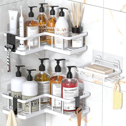 YASONIC Corner Shower Caddy Organizer, 3-Pack Adhesive Rustproof Stainless Steel Shower Shelves with Soap Holder, No Drilling Shower Storage Rack for Family Renters Bathroom, White