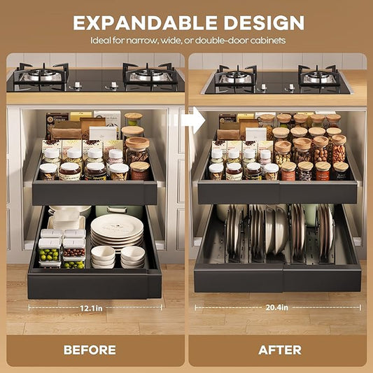 4 Pack Pull out Cabinet Organizer 21"Deep with Raising Pad for Framed Cabinets, Expandable Slide out Drawers for Kitchen Cabinets with 4pcs Divider Racks, Roll out Shelves 12.1"-20.4" W Black