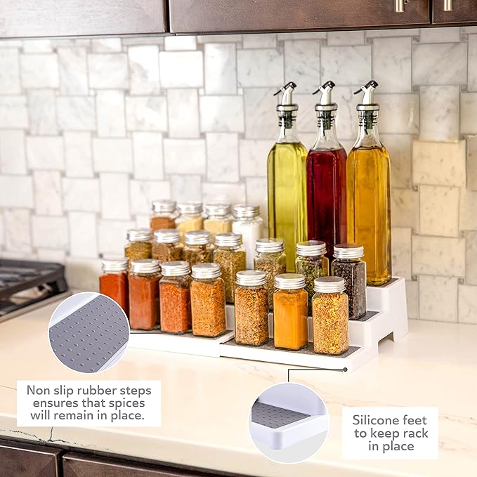 Oizeir Plastic 3-Tier Expandable Spice Rack, Adjustable Length, Stability with Non-Skid Shelf, For Easy Visibility, Organizer for Kitchen Cabinet, Pantry or Countertop, (2-Pack), White/Grey