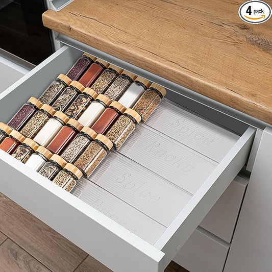 Acrylic Spice Drawer Organizer, 4 Tier- 4 Pack Clear Spice Rack Tray for Drawer/Countertop, Expandable From 11'' to 22'' Kitchen Seasoning Organizers(Jars Not Included)