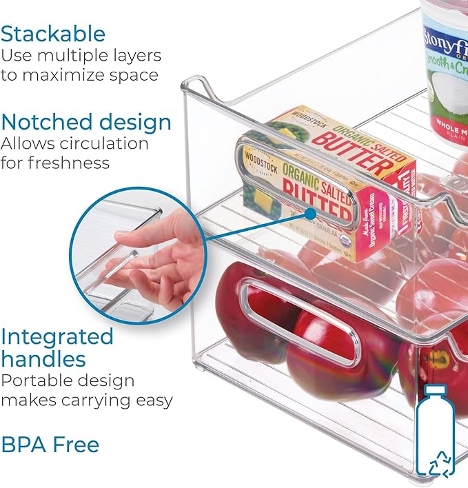 iDesign Stackable Plastic Pantry Bin with Handles for Cabinets or Fridge, Set of 2, Clear, Made in USA