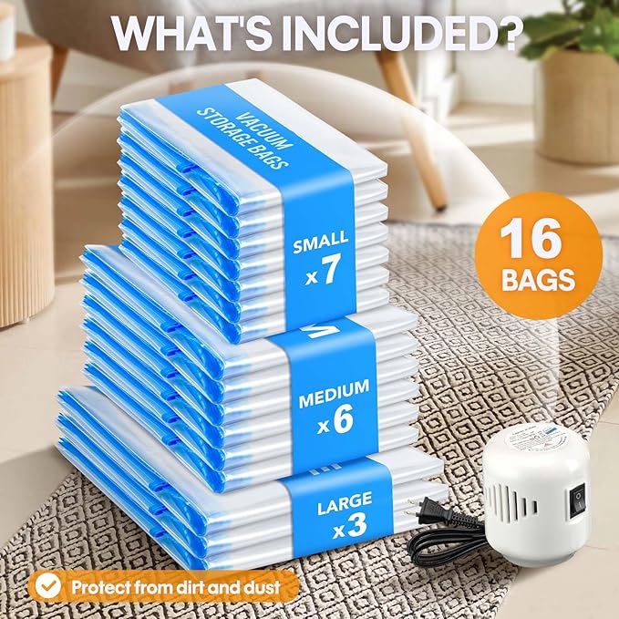 16 Pack Travel Vacuum Storage Bags with Electric Pump, Vacuum Seal Bags for Clothing, Vacuum Sealer Bags for Luggage, Travel Essentials