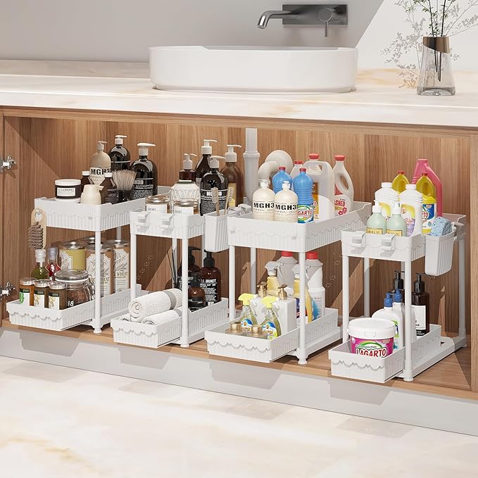 4-Pack Under Sink Organizer, 2-Tier Multi-Use Pull Out Kitchen Bathroom Organizers and Storage with Sliding Drawer, Cabinet Organizer with 2 Hanging Cups and Multi-type Hooks (White)