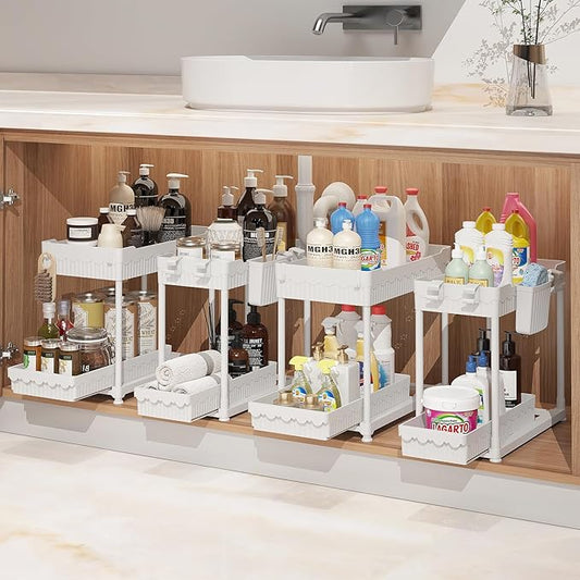 4-Pack Under Sink Organizer, 2-Tier Multi-Use Pull Out Kitchen Bathroom Organizers and Storage with Sliding Drawer, Cabinet Organizer with 2 Hanging Cups and Multi-type Hooks (White)