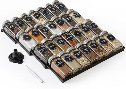 SIMPLEMADE-Spice Drawer Organizer, Spice Rack Drawer for Kitchen, 4 Tier Black Drawer Spice Organizer with 28 Jars and labels with a pen, Silicone Funnel, 13" by 17.5"