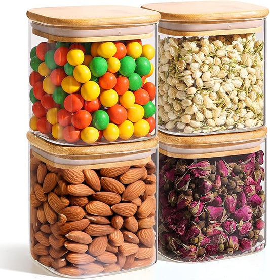 ComSaf 24oz Glass Food Storage Jars Set of 4, Clear Glass Storage Containers with Lids, Pantry Organization Jar, Spice Jar, Blooming Tea, Coffee and Sugar Container, Small Canister Set for Kitchen
