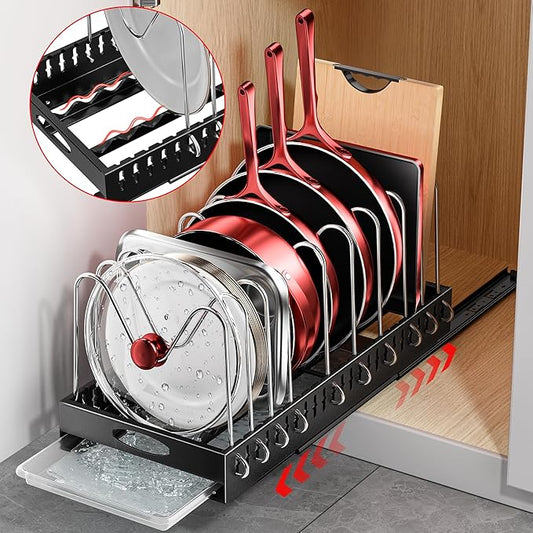 Pull Out Pots and Pans Organizer Under Cabinet, 20” Deep Pot Lid Rack with 10 Adjustable Dividers, No Drill Slide Out Inside Shelves Storage for Kitchen Cutting Board Bakeware Cookware Dishes