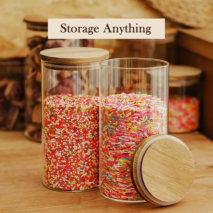 Labina Glass Storage Container Airtight Food Jars Kitchen Canister with Wood Lids, 40 Oz Wide Mouth Pantry Organization Glass Jar for Flour, Sugar, Cookie, Spagetti, Candy and Nuts