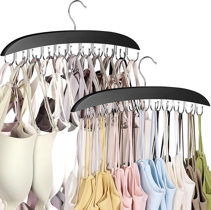2 Pack Bra Hangers for Closet Organizer, Wooden Tank Top Hanger, Bra Organizer with 40 Stainless Steel Hooks, Closet Organizers and Storage for Bras Camis Belts Ties, Black