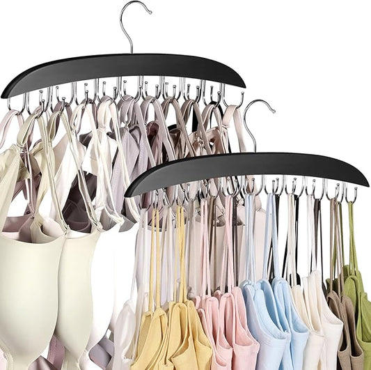 2 Pack Bra Hangers for Closet Organizer, Wooden Tank Top Hanger, Bra Organizer with 40 Stainless Steel Hooks, Closet Organizers and Storage for Bras Camis Belts Ties, Black