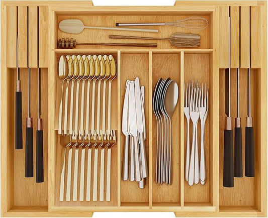 HOOBRO Silverware Organizer Kitchen Drawer Organizer, Expandable Utensil Drawer Organizer, with 2 Knife Block, Bamboo Cutlery Tray with Divider for Flatware and Kitchen Utensils, Natural YL06TL01