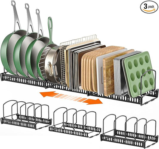 Expandable Pot and Pan Organizer, 2 Tier 3-Pack Kitchen Organizer Under Cabinet Storage Pot Lid Rack Holder with 14 Adjustable Dividers for Frying Pan,Cookware,Baking Sheet