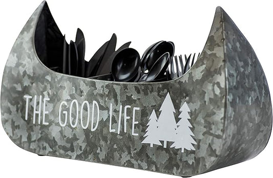 Boston Warehouse 55169 Canoe Shaped Galvanized Metal Flatware Caddy, 14 Inch, The Good Life