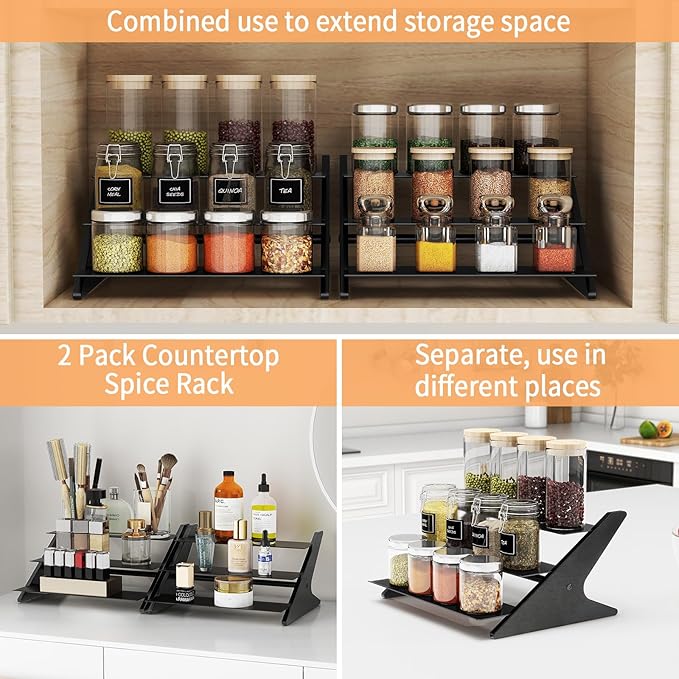 3 Tier Spice Rack Organizer for Cabinet, Metal with Wood Step Shelf Countertop Spice Storage Holder, Seasoning Organizer for Kitchen, Pantry, Black, 2 Pack