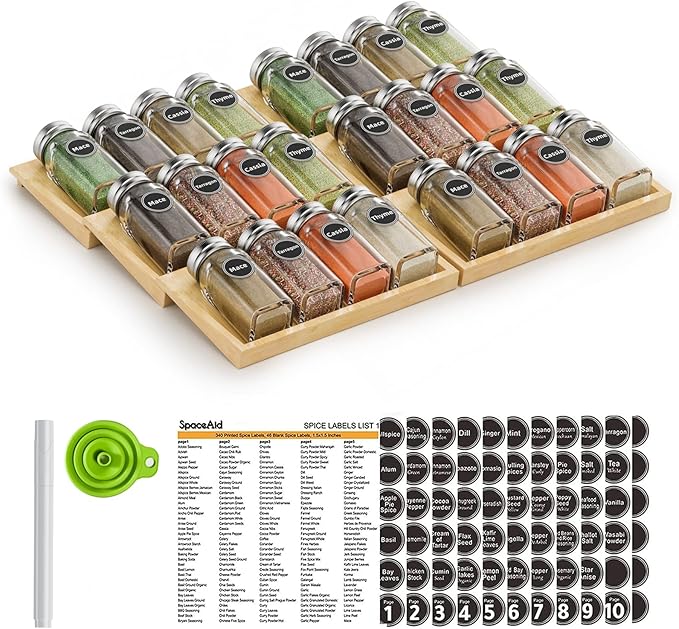 MinBoo Bamboo Spice Drawer Organizer with 24 Spice Jars, 432 Spice Labels with Chalk Marker and Funnel Complete Set, Kitchen Drawer Seasoning Organizer,6 Pack Spice Rack Tray Inserts for Flexible