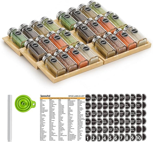 MinBoo Bamboo Spice Drawer Organizer with 24 Spice Jars, 432 Spice Labels with Chalk Marker and Funnel Complete Set, Kitchen Drawer Seasoning Organizer,6 Pack Spice Rack Tray Inserts for Flexible